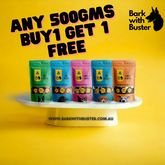 For a limited time only, buy 1 bag of 500g dog treats and get 1 FREE! Double the treats, double the love, and keep those tails wagging! Thanks to Bark with Buster